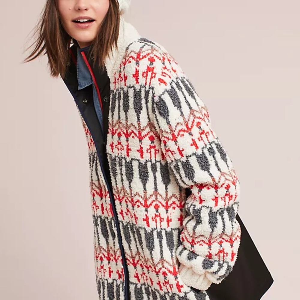 Chic Patterned Teddy Jacket in Red and Cream